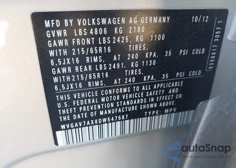2013 Volkswagen Tiguan S z USA, uszkodzony, nr VIN WVGAV7AX6DW547587